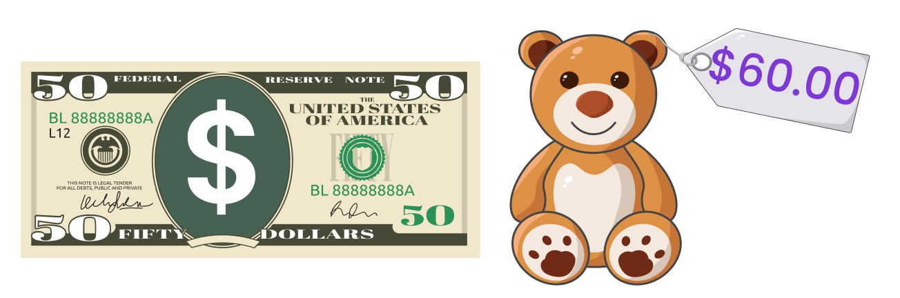 $50 bill, teddy bear with price tag $60