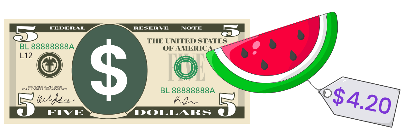 $5 bill, water melon with price tag $ 4.20