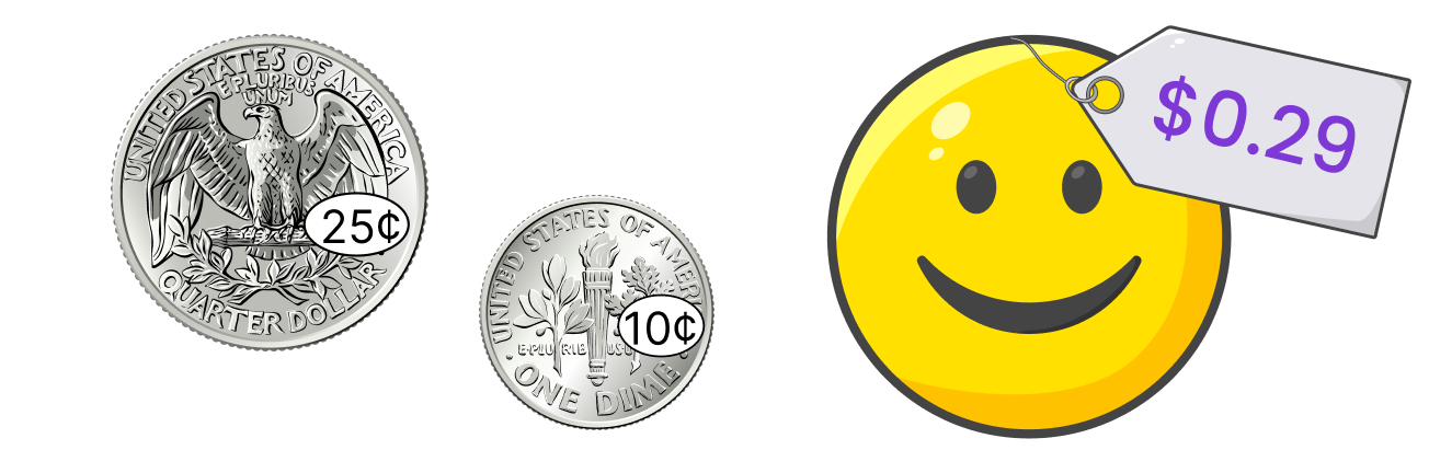 quarter and a dime. smiley sticker with price tag $0.29
