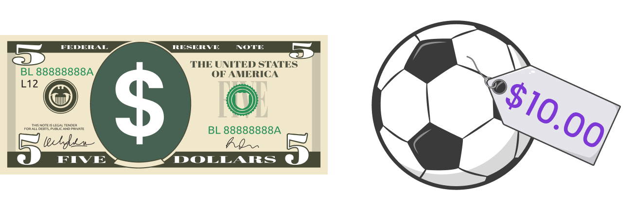 $5 bill, football with price tag $10