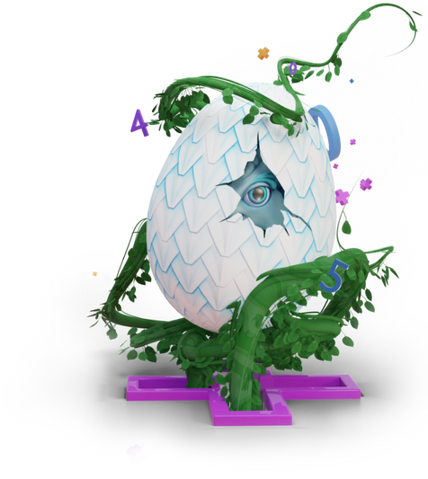 Baby dragon peeking out from its white scaled egg amidst a beanstalk