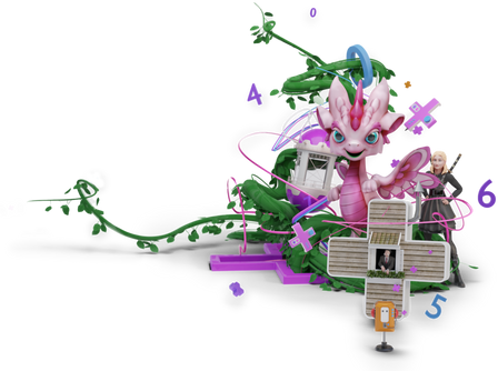 Фіолетовий дракон, вчитель математики та Гаус в оточенні бобових стебел і  математичних символів