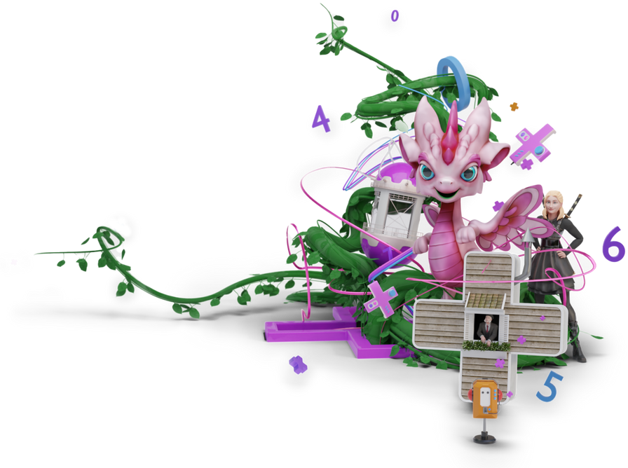 Purple dragon, the math master and Gauss surrounded by beanstalks and math symbols