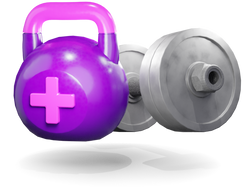 Purple math kettlebell and gray dummbell