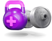 Purple math kettlebell and gray dummbell
