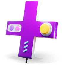 Purple plus sign with video game controls on it