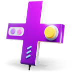 Purple plus sign with video game controls on it