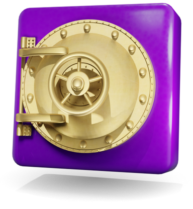 Purple bank vault with round, golden door