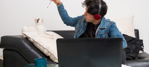 Distracted boy playing with his cat instead of doing schoolwork