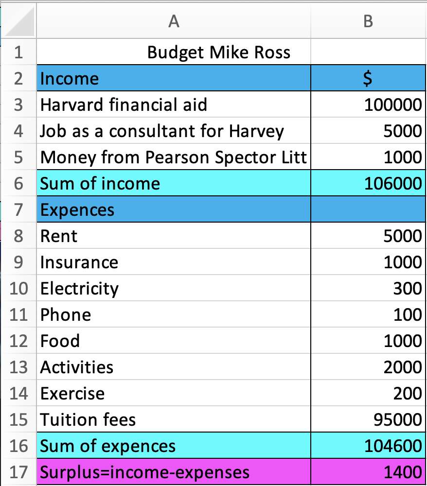 Excel spreadsheet showing a budget for Mike