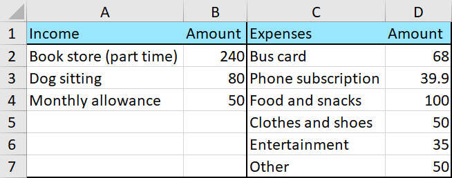 Spreadsheet in Excel presenting income and expenses