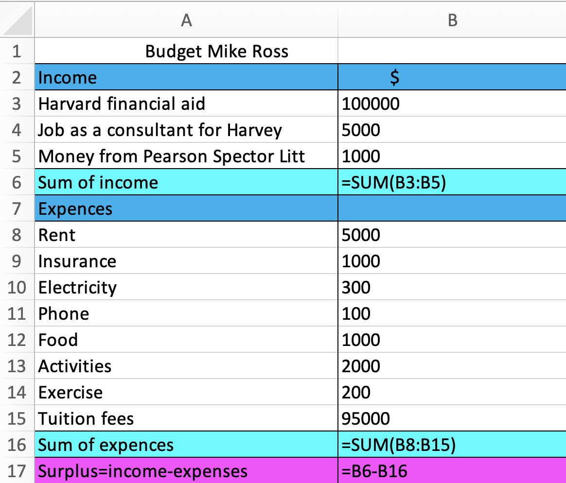 Excel spreadsheet showing the formulas used when calculating the budget above