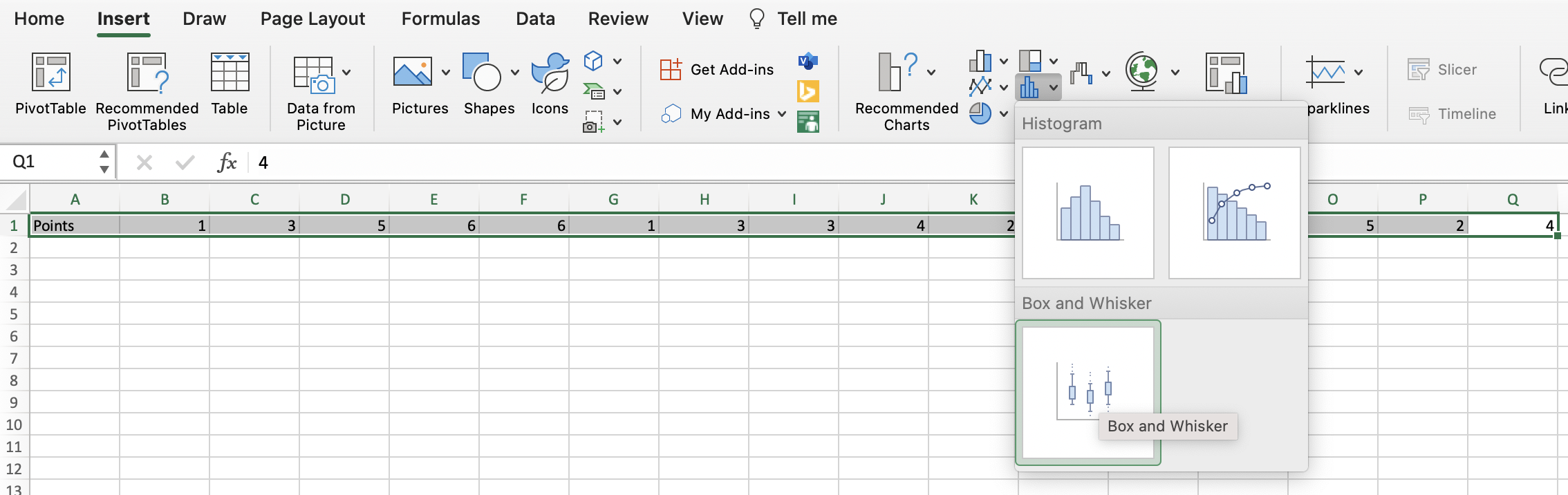 Spreadsheet in Excel showing how to make a boxplot from data