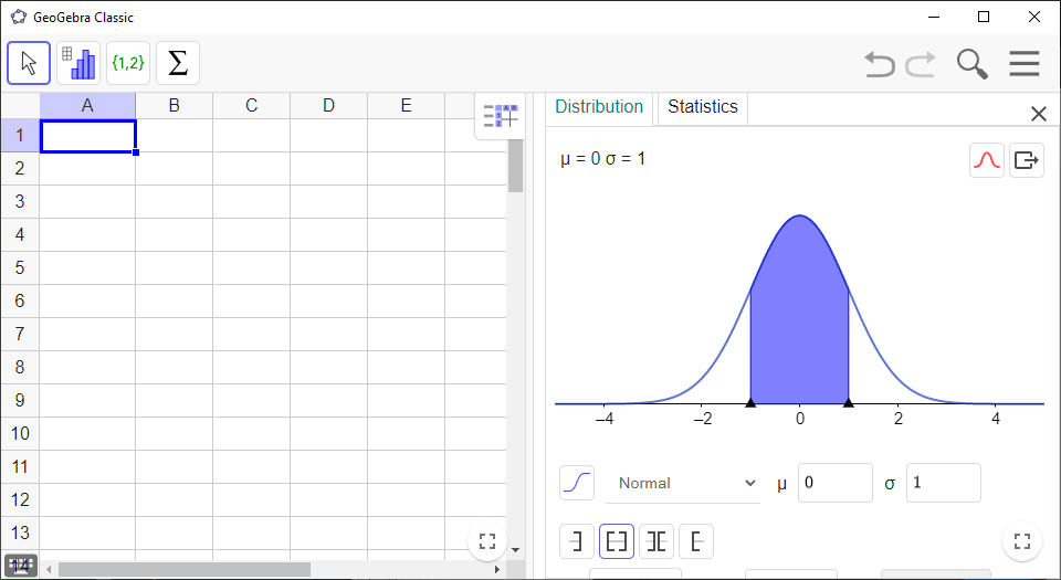 Screenshot of GeoGebra showing Spreadsheet View and the Probability Calculator