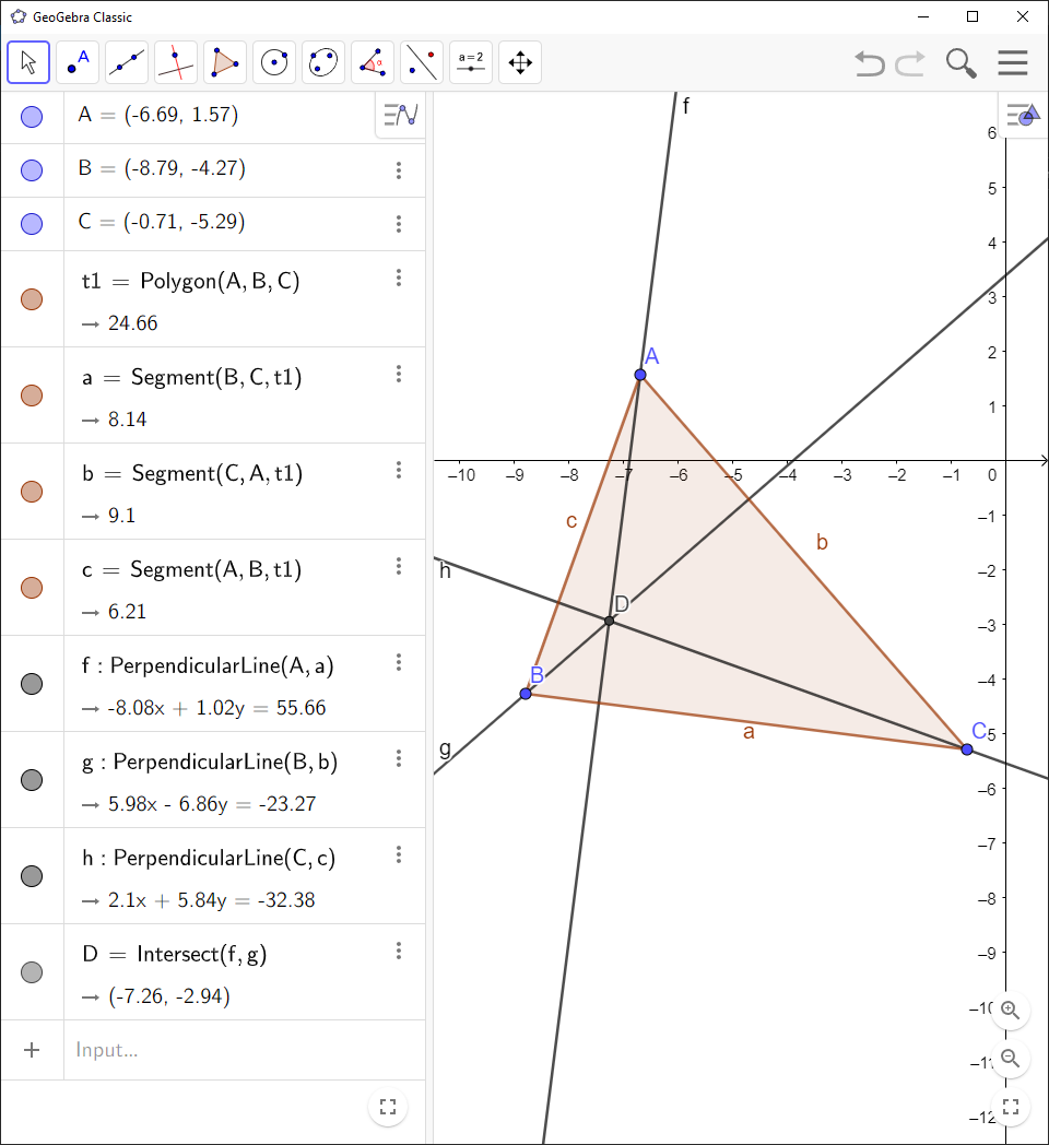 Screenshot of GeoGebra showing a triangle with its altitudes and orthocenter