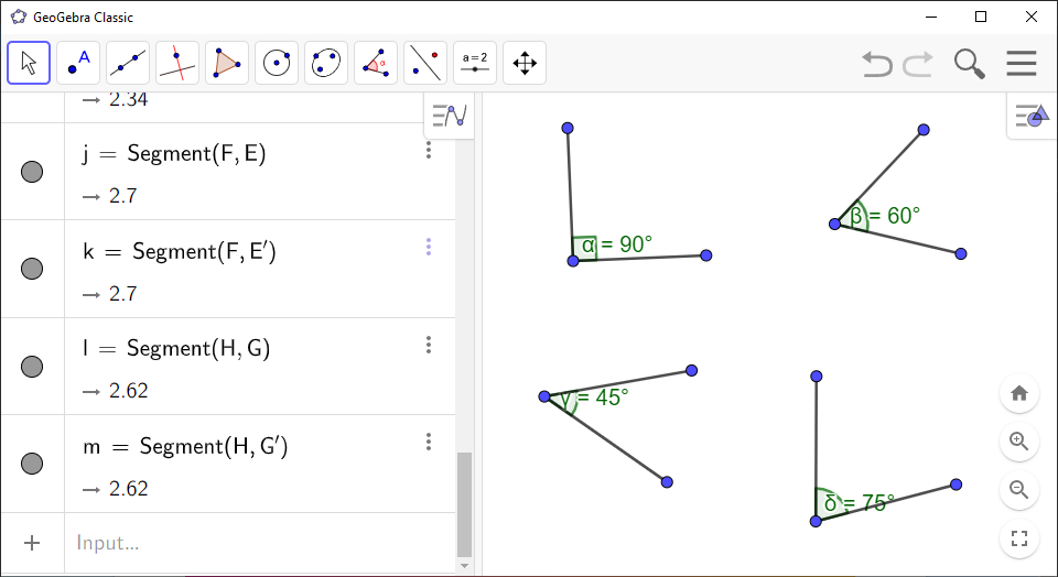 Screenshot of GeoGebra showing angles of 90, 60, 45, and 75 degrees