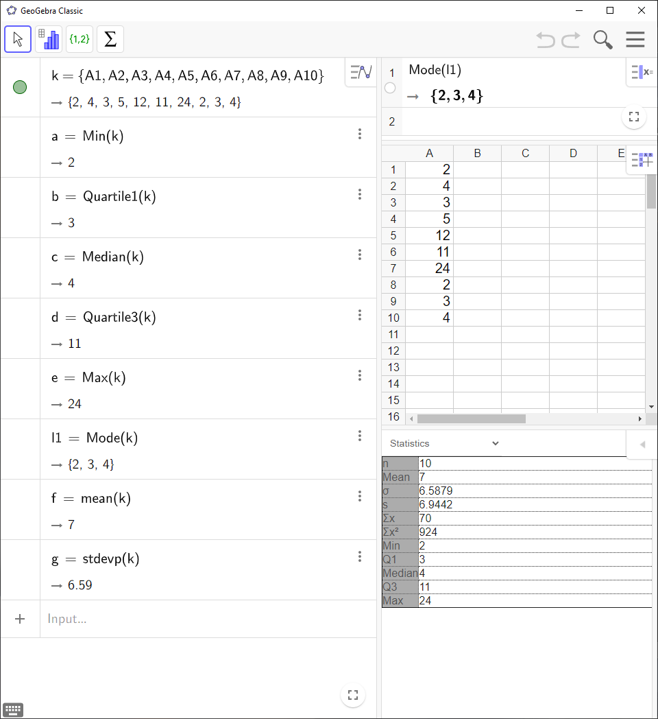 Screenshot of GeoGebra showing statistical attributes of a data sample