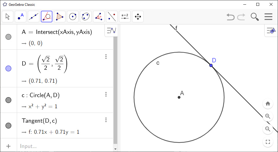 Screenshot of GeoGebra showing the tangent to a circle at point