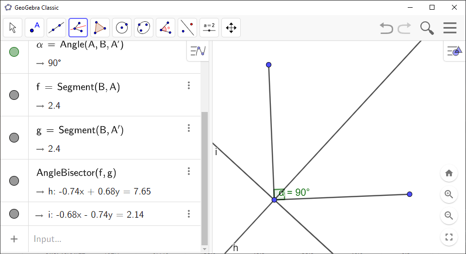 Screenshot of GeoGebra showing an angle and its bisector