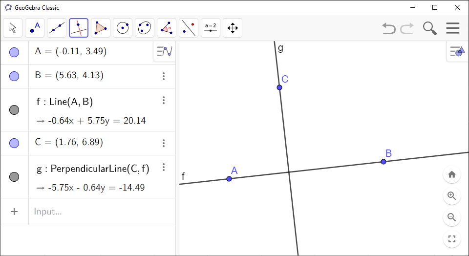 Screenshot of GeoGebra showing how to draw a perpendicular from a point to a line