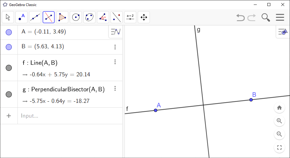 Screenshot of GeoGebra showing the perpendicular bisector to a line segment
