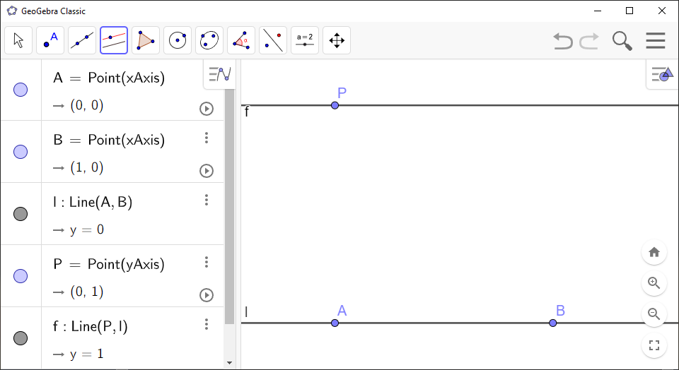 Screenshot of GeoGebra showing a constructed parallel through a point