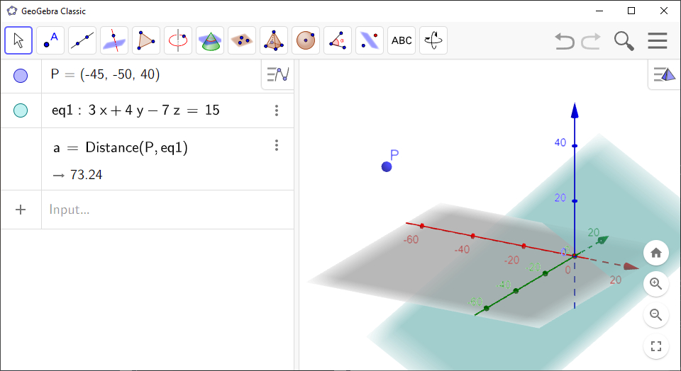 Screenshot of GeoGebra showing a point and a plane and how to find the distance