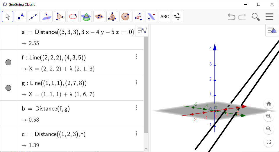 Screenshot of GeoGebra showing two lines and how to find the distance