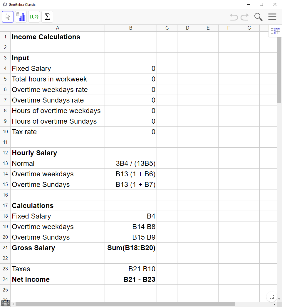 Screenshot of GeoGebra showing a spreadsheet template for income calculations