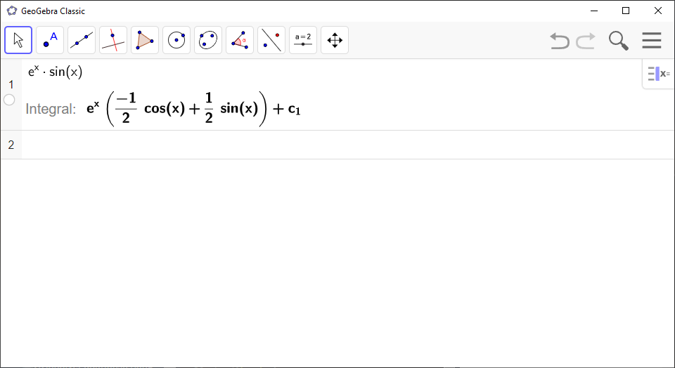 Screenshot of GeoGebra showing the computation of an indefinte integral