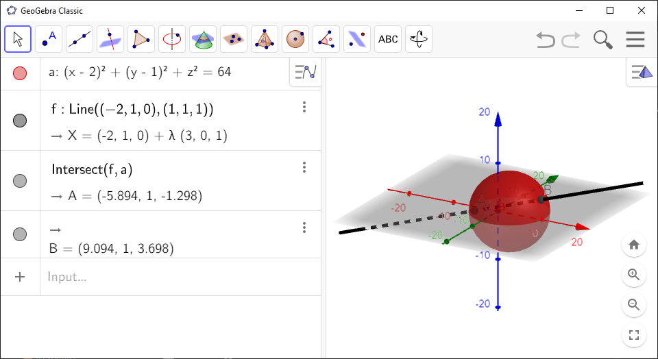 Screenshot of GeoGebra showing a line passing through a sphere