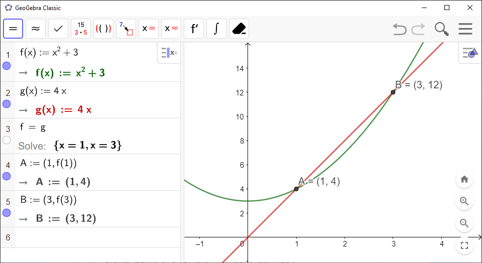Screenshot of GeoGebra showing the intersection of a parabola and a line