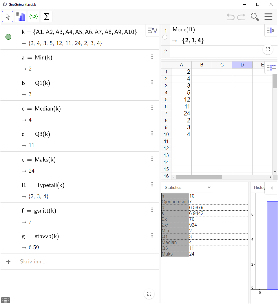 Skjermdump av GeoGebra som viser en tabell med statistikk av et datasett