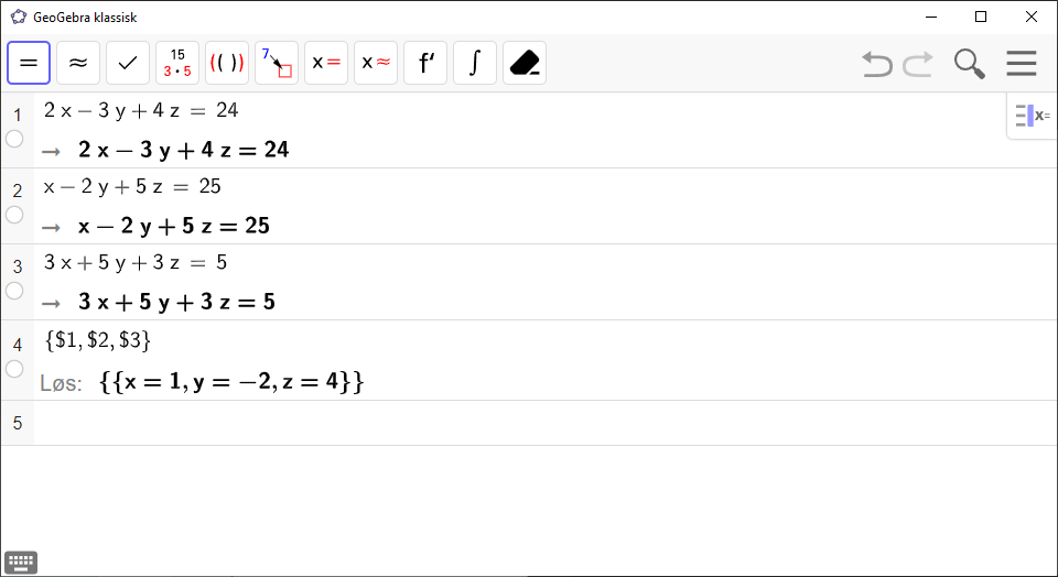 Skjermdump av GeoGebra som viser løsningen av tre likninger med tre ukjente