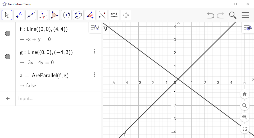 Screenshot of GeoGebra showing two lines and the output "false"