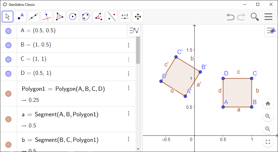 Screenshot of GeoGebra showing a square and the same square rotated