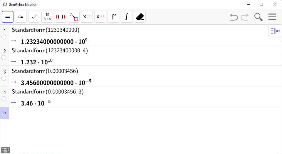 Skjermdump fra GeoGebra med tall skrevet på standardform