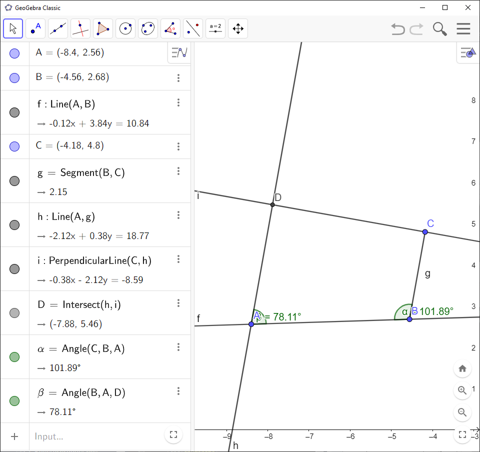Screenshot of GeoGebra showing two nonadjacent supplementary angles