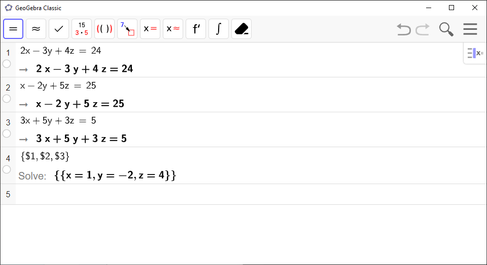 Screenshot of GeoGebra showing solution of three equations in three variables