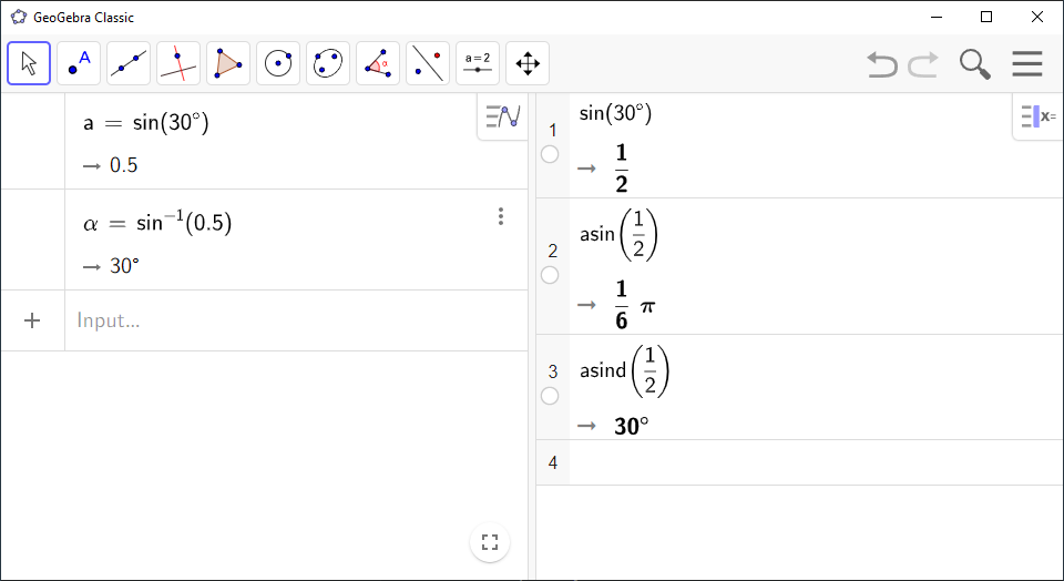 Screenshot of GeoGebra showing different computations with trigonometric functions