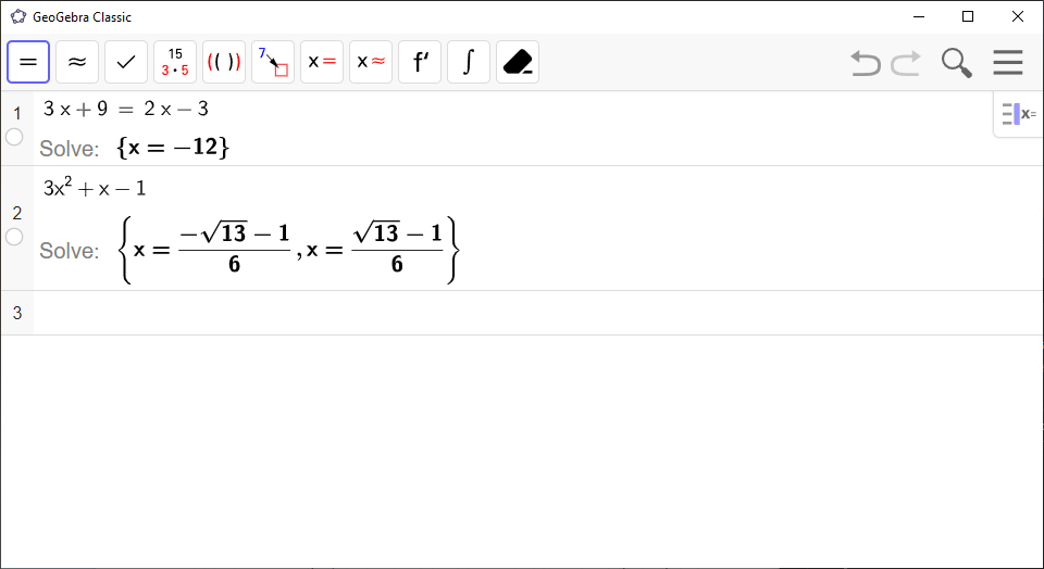 Screenshot of GeoGebra showing the solution of an equation