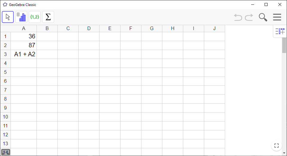 Screenshot of GeoGebra showing a spreadsheet displaying formulas 