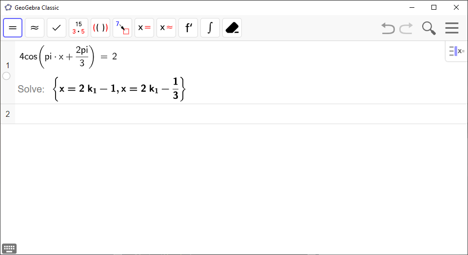 Screenshot of GeoGebra showing the solutions to a trigonometric equation