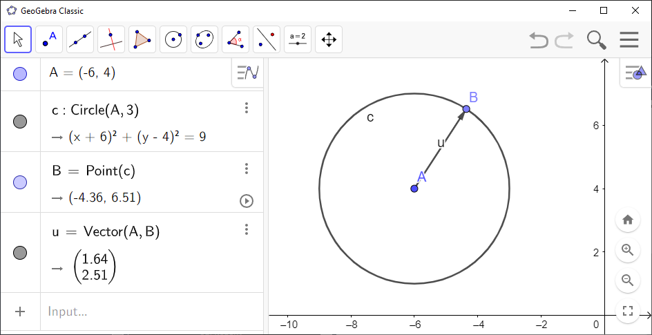 Screenshot of GeoGebra showing a vector from the center of a circle to its boundary