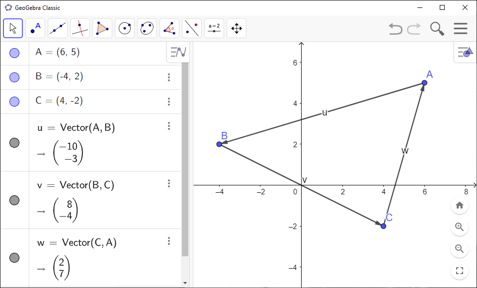 Screenshot of GeoGebra showing the sum of two vectors