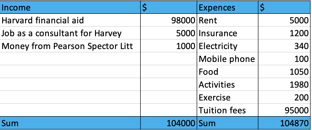Excel spreadsheet with Mike’s income and expenses from the previous month