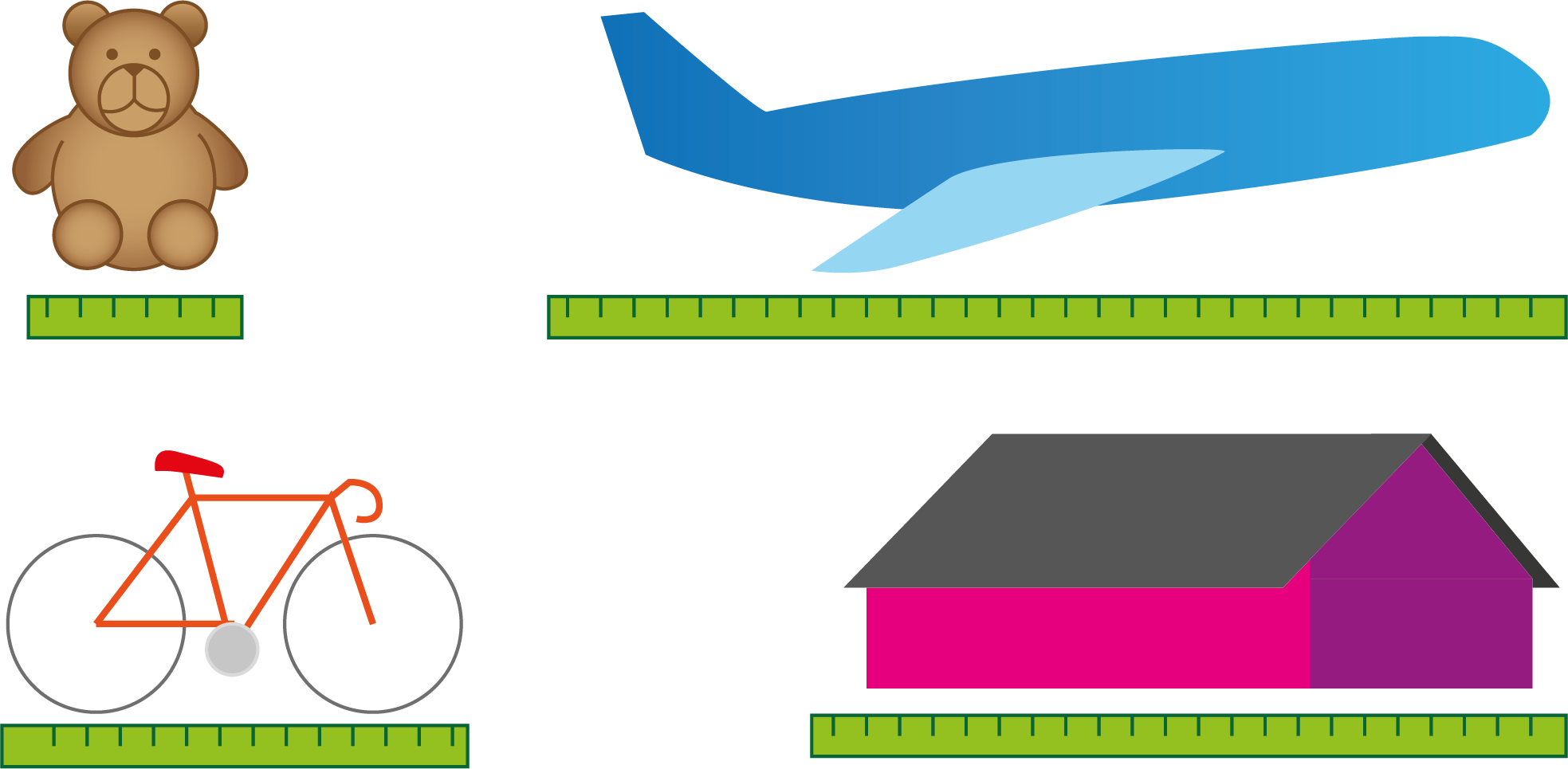 Måling av lengden av en bamse, et fly, en sykkel og et hus