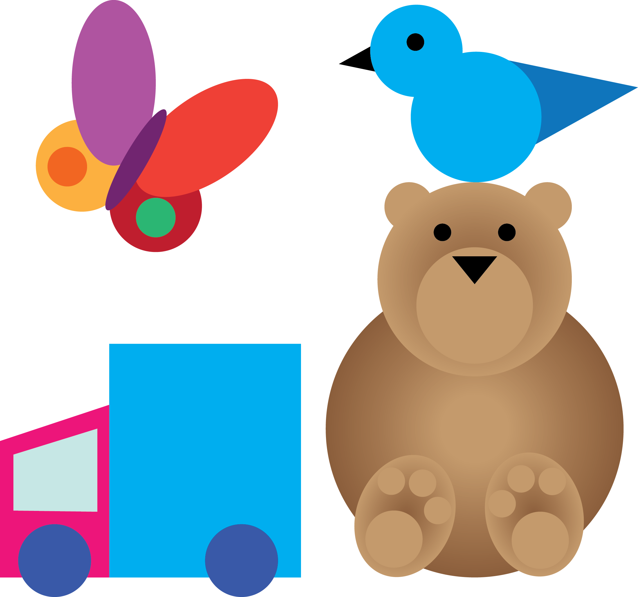 En sommerfugl, en fugl, en lastebil og en bjørn som sammensatte former