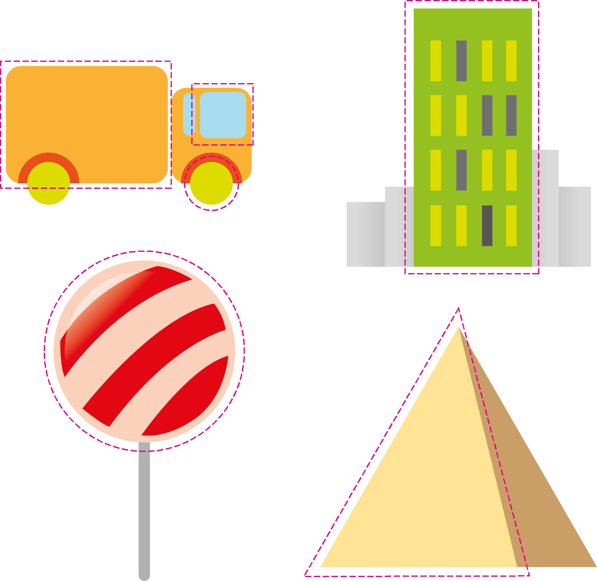 truck, house, street sign, pyramid