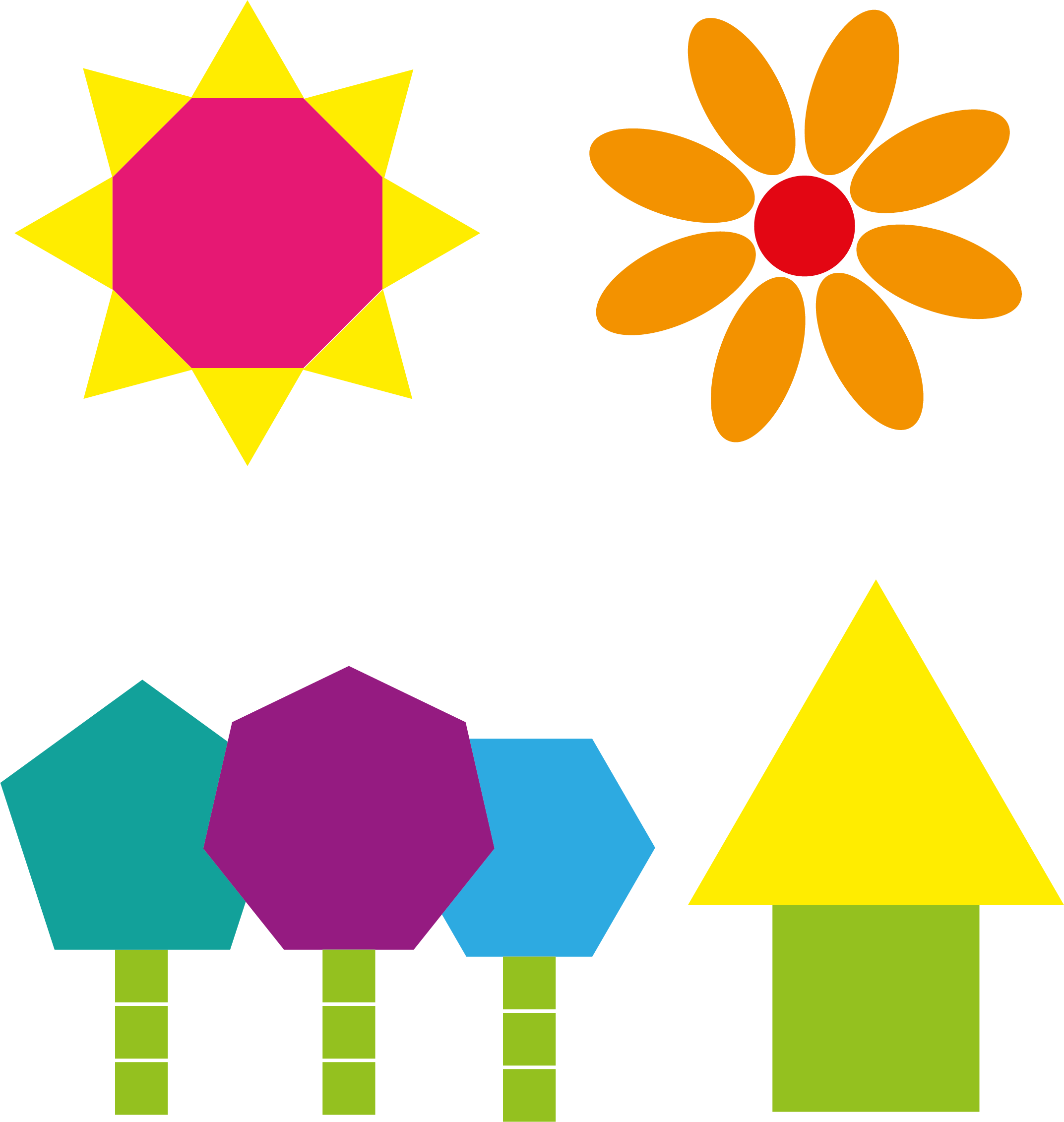 En sol, en blomst, tre trær og et hus som sammensatte former